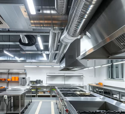 Sistema de exaustão em cozinha industrial moderna com coifas e dutos de ventilação em aço inox, garantindo segurança, conforto térmico e eficiência.