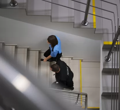 Profissionais realizando manutenção preventiva de sistema de pressurização de escadas em edifício.