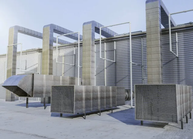 Sistema de controle de fumaça com dutos e ventiladores industriais instalados em edificação conforme normas do Corpo de Bombeiros