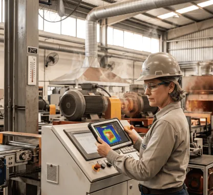 Engenheira em pé dentro de um galpão fabril, segurando um tablet que mostra uma imagem termográfica (colorida) de máquinas superaquecendo, monitorando preventivamente o excesso de calor industrial.