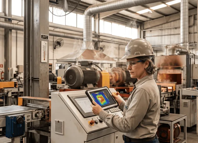 Engenheira em pé dentro de um galpão fabril, segurando um tablet que mostra uma imagem termográfica (colorida) de máquinas superaquecendo, monitorando preventivamente o excesso de calor industrial.