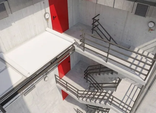 Projeto 3D e esquema técnico de fluxo de ar do sistema de pressurização de escadas para aprovação no AVCB.