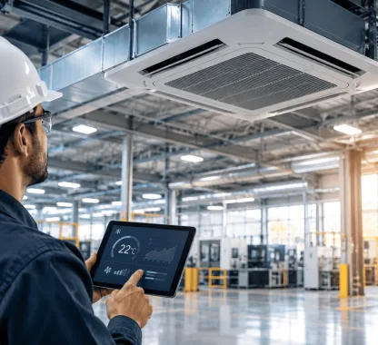 Climatização industrial com ar-condicionado em fábrica para reduzir o consumo de energia