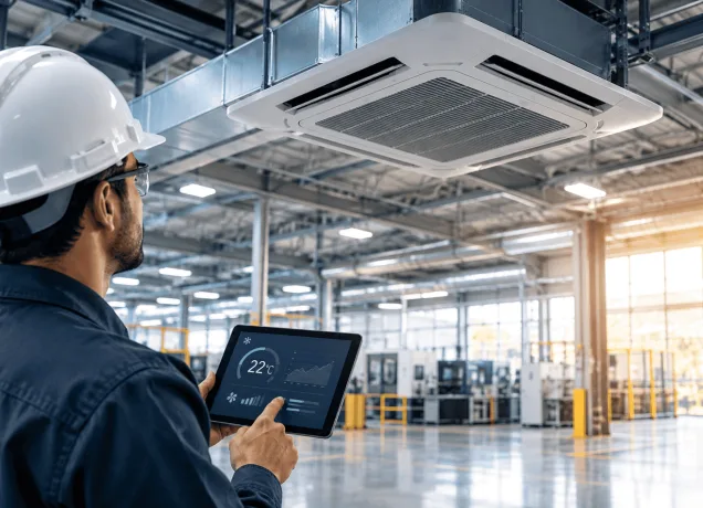 Climatização industrial com ar-condicionado em fábrica para reduzir o consumo de energia