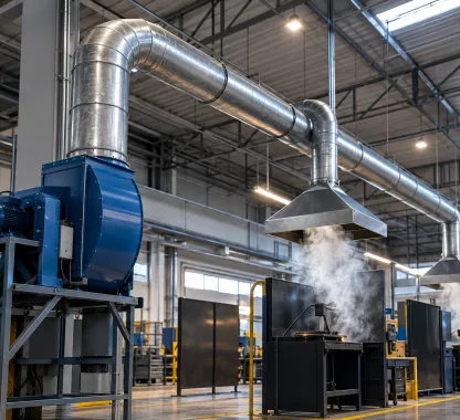 Sistema de extração de fumaça industrial com dutos metálicos, exaustor e coifas instalados em um galpão fabril.