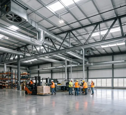 Interior de um galpão industrial amplo e bem iluminado, destacando dutos metálicos e exaustores industriais instalados no teto alto, combinados a venezianas laterais para ventilação e exaustão industrial galpão.
