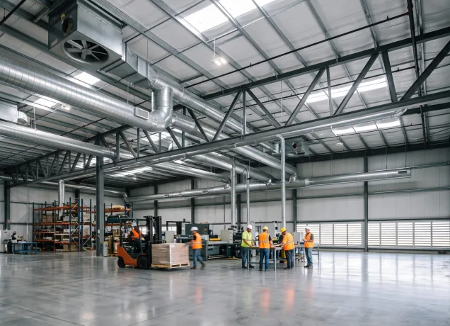 Interior de um galpão industrial amplo e bem iluminado, destacando dutos metálicos e exaustores industriais instalados no teto alto, combinados a venezianas laterais para ventilação e exaustão industrial galpão.